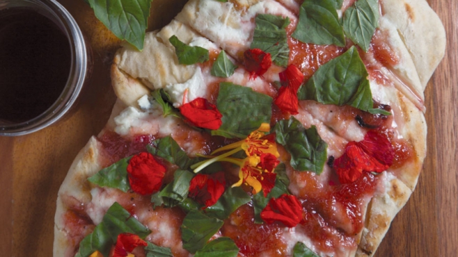 Chef Michelle Donaldson’s Grilled Sourdough Flatbread with Squeaky’s Chèvre and Rhubarb Compote